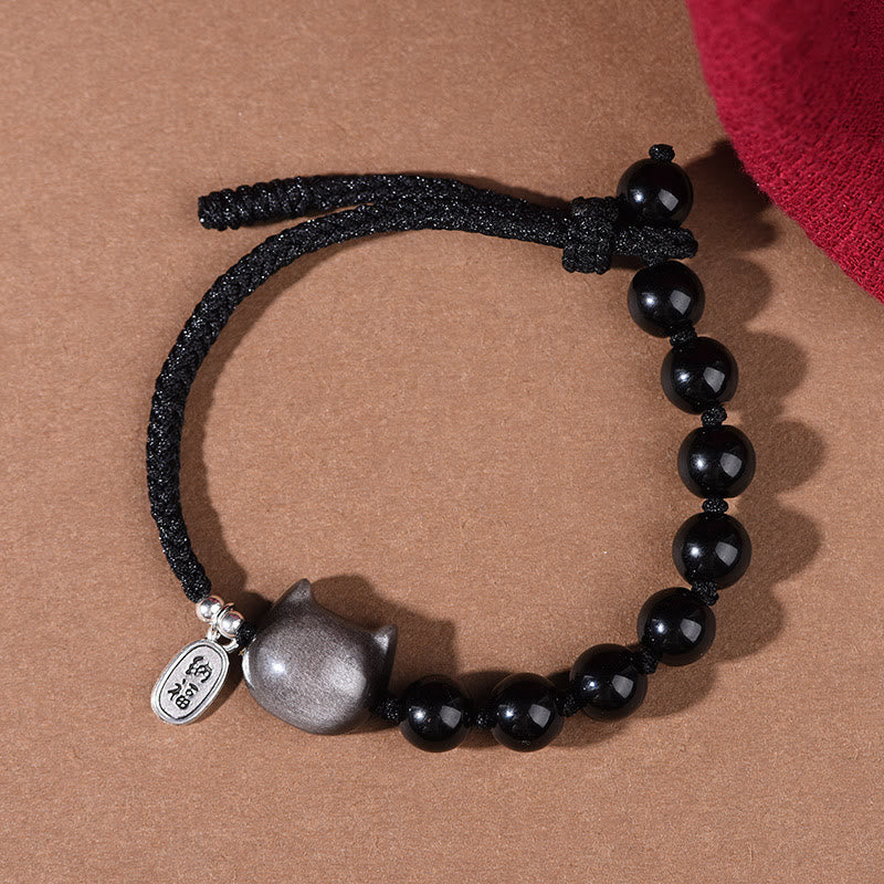 Bracciale Buddha Stones Ossidiana nera Argento lucido Ossidiana Gatto carino Leone danzante Forza - image 3