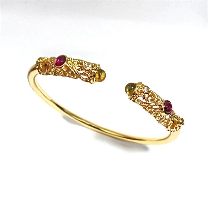 Bracciale rigido con motivo floreale Buddha Stones, zircone rosso, ambra e rame portafortuna - image 11