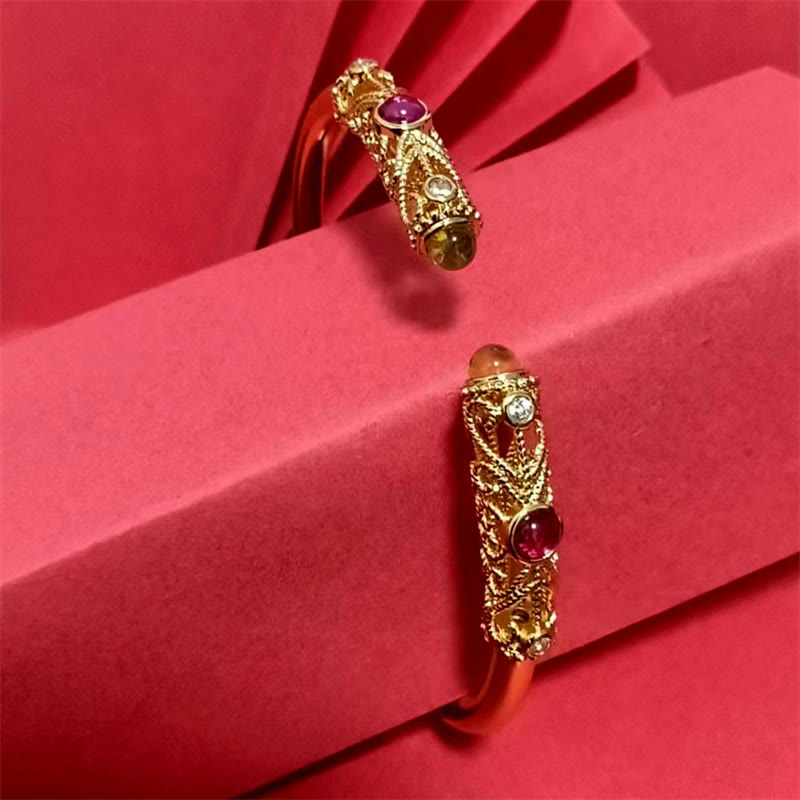 Bracciale rigido con motivo floreale Buddha Stones, zircone rosso, ambra e rame portafortuna - image 10