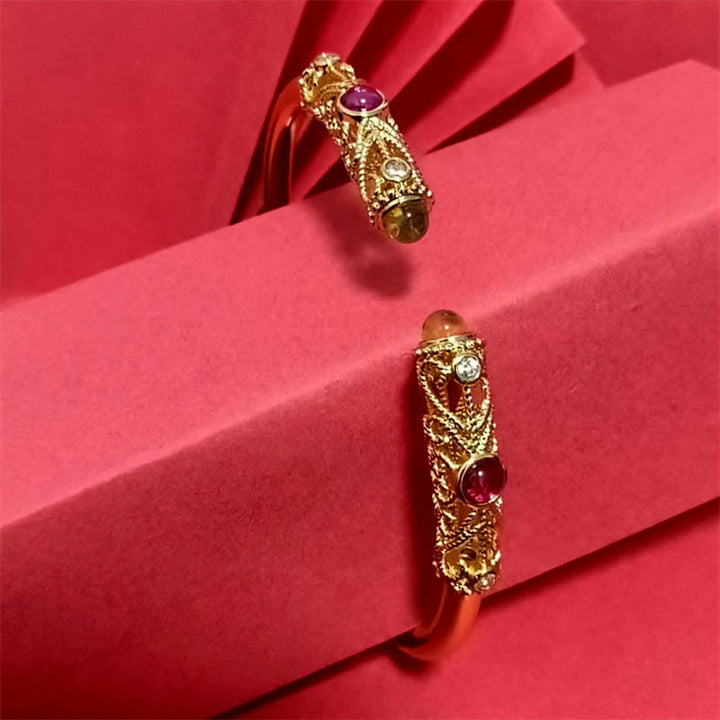 Bracciale rigido con motivo floreale Buddha Stones, zircone rosso, ambra e rame portafortuna - image 10