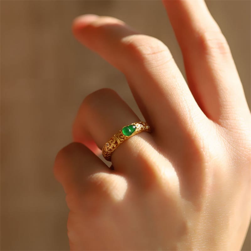 Anello di ricchezza in lega di rame con calcedonio verde zucca vintage Buddha Stones - image 15