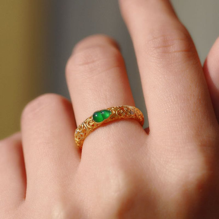 Anello di ricchezza in lega di rame con calcedonio verde zucca vintage Buddha Stones - image 13