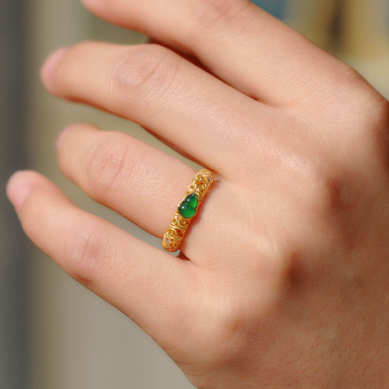 Anello di ricchezza in lega di rame con calcedonio verde zucca vintage Buddha Stones - image 14