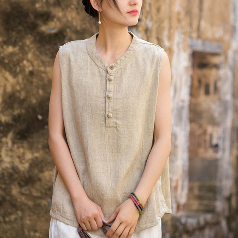 Gilet da donna senza maniche in lino con bottoni tie-dye Buddha Stones - Beige - US4， UK/AU8，EU36-38 (F) - image 21