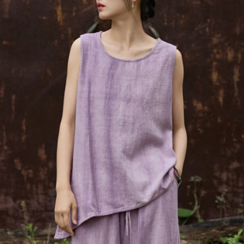 Canotta da donna senza maniche con scollo rotondo in lino tie-dye estivo Buddha Stones - Prugna - US4, UK/AU8, EU36 (F) - image 1