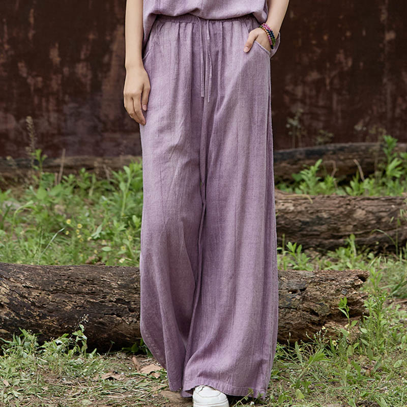 Pantaloni larghi da donna in lino con tasche e motivo tie-dye Buddha Stones - Prugna - US4, UK/AU8, EU36 (F) - image 1