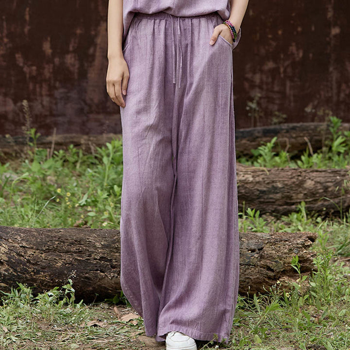 Pantaloni larghi da donna in lino con tasche e motivo tie-dye Buddha Stones - Prugna - US4, UK/AU8, EU36 (F) - image 1