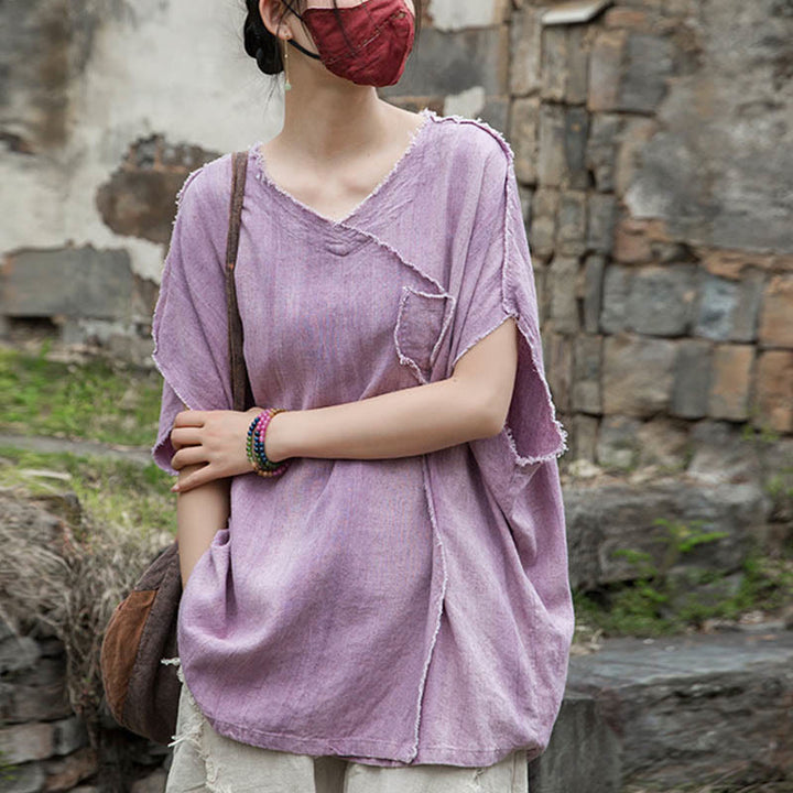 Magliette da donna in lino tie-dye con scollo a V e maniche corte, modello Buddha Stones - Prugna - US4， UK/AU8，EU36-46 (F) - image 1