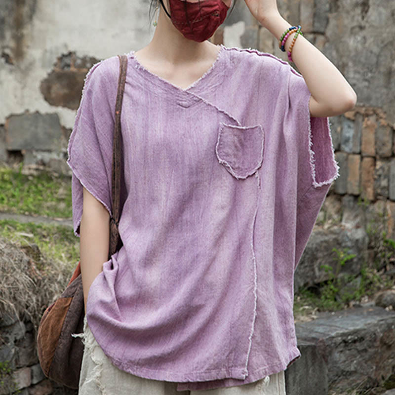 Magliette da donna in lino tie-dye con scollo a V e maniche corte, modello Buddha Stones - image 2