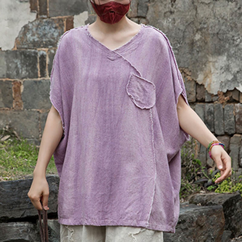 Magliette da donna in lino tie-dye con scollo a V e maniche corte, modello Buddha Stones - image 6