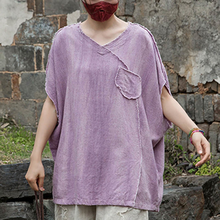 Magliette da donna in lino tie-dye con scollo a V e maniche corte, modello Buddha Stones - image 6