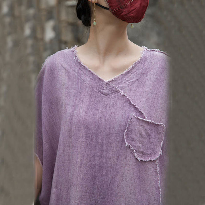 Magliette da donna in lino tie-dye con scollo a V e maniche corte, modello Buddha Stones - image 9