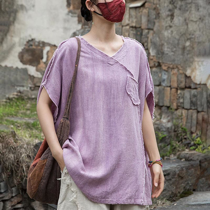 Magliette da donna in lino tie-dye con scollo a V e maniche corte, modello Buddha Stones - image 7