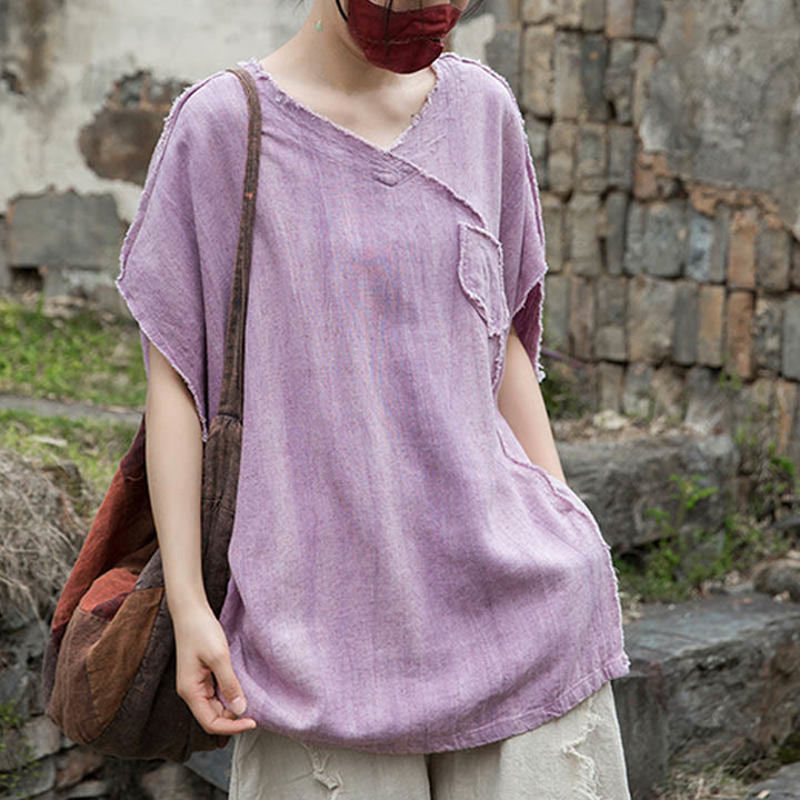 Magliette da donna in lino tie-dye con scollo a V e maniche corte, modello Buddha Stones - image 4