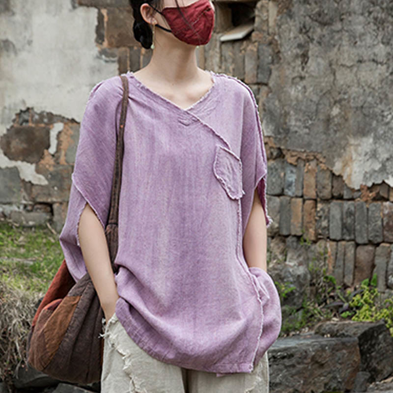 Magliette da donna in lino tie-dye con scollo a V e maniche corte, modello Buddha Stones - image 8