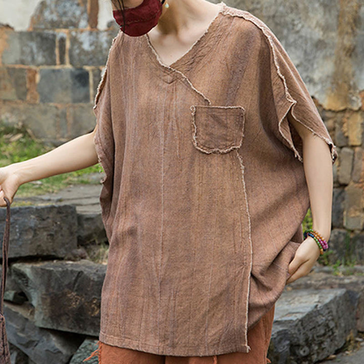 Magliette da donna in lino tie-dye con scollo a V e maniche corte, modello Buddha Stones - image 14