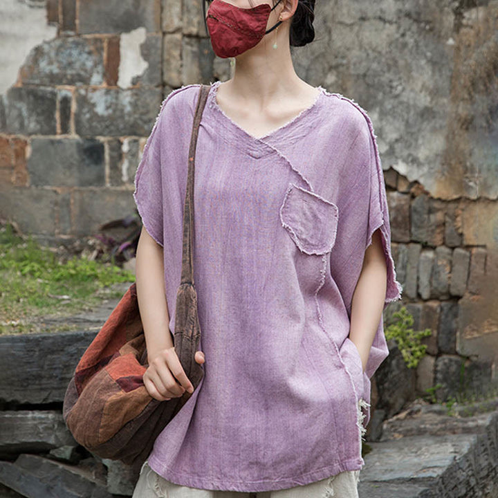 Magliette da donna in lino tie-dye con scollo a V e maniche corte, modello Buddha Stones - image 3