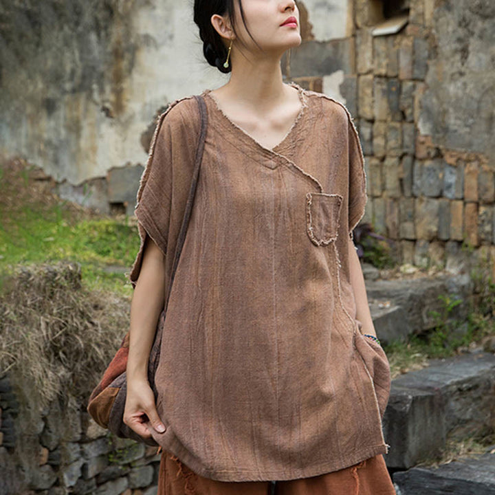 Magliette da donna in lino tie-dye con scollo a V e maniche corte, modello Buddha Stones - image 17