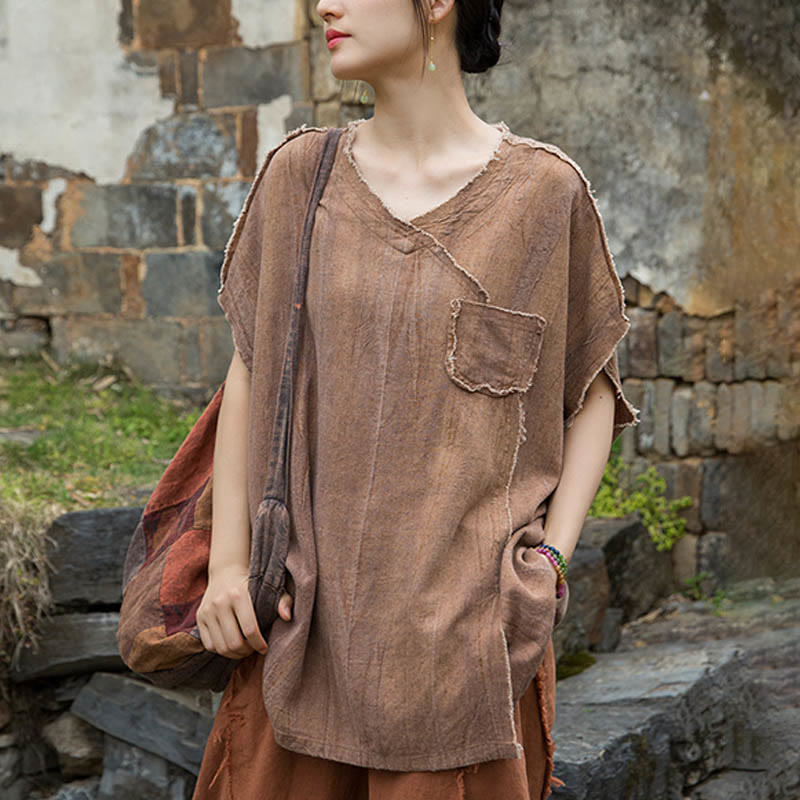 Magliette da donna in lino tie-dye con scollo a V e maniche corte, modello Buddha Stones - image 13