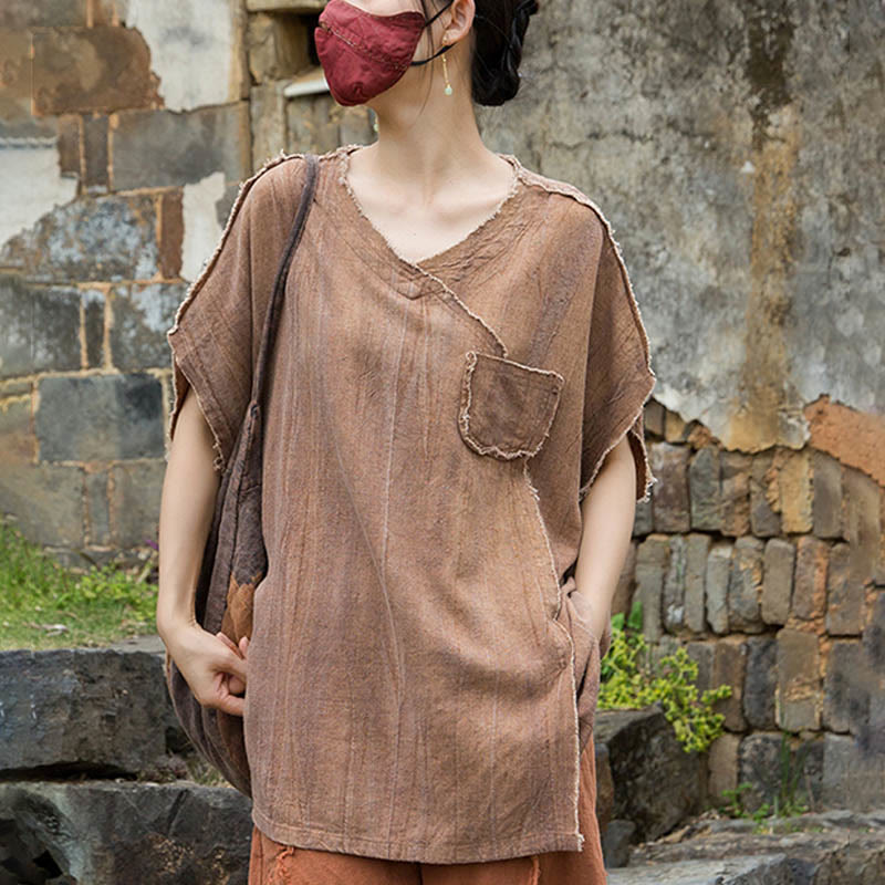 Magliette da donna in lino tie-dye con scollo a V e maniche corte, modello Buddha Stones - image 20