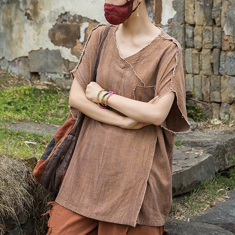Magliette da donna in lino tie-dye con scollo a V e maniche corte, modello Buddha Stones - image 19