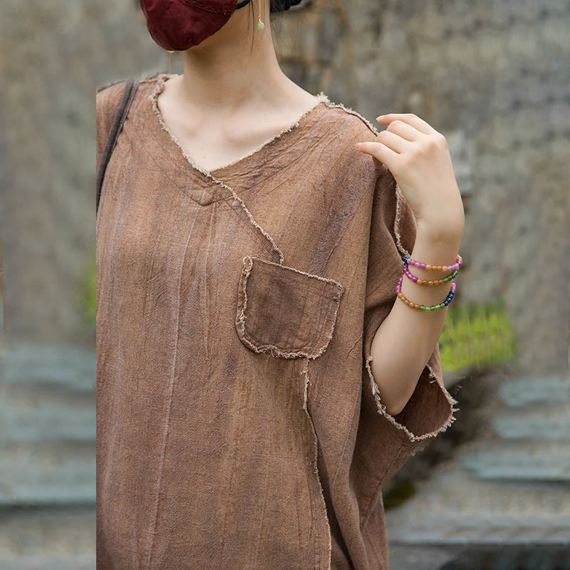 Magliette da donna in lino tie-dye con scollo a V e maniche corte, modello Buddha Stones - image 22