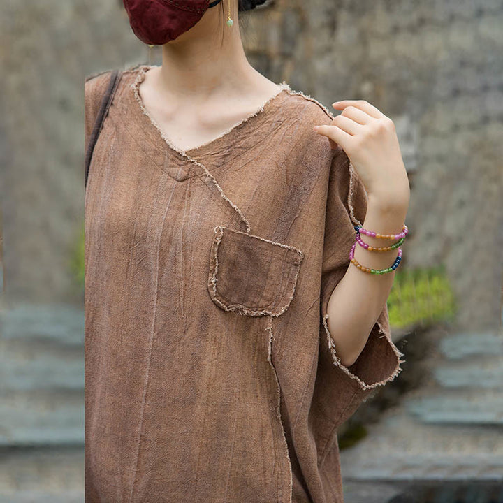 Magliette da donna in lino tie-dye con scollo a V e maniche corte, modello Buddha Stones - image 22