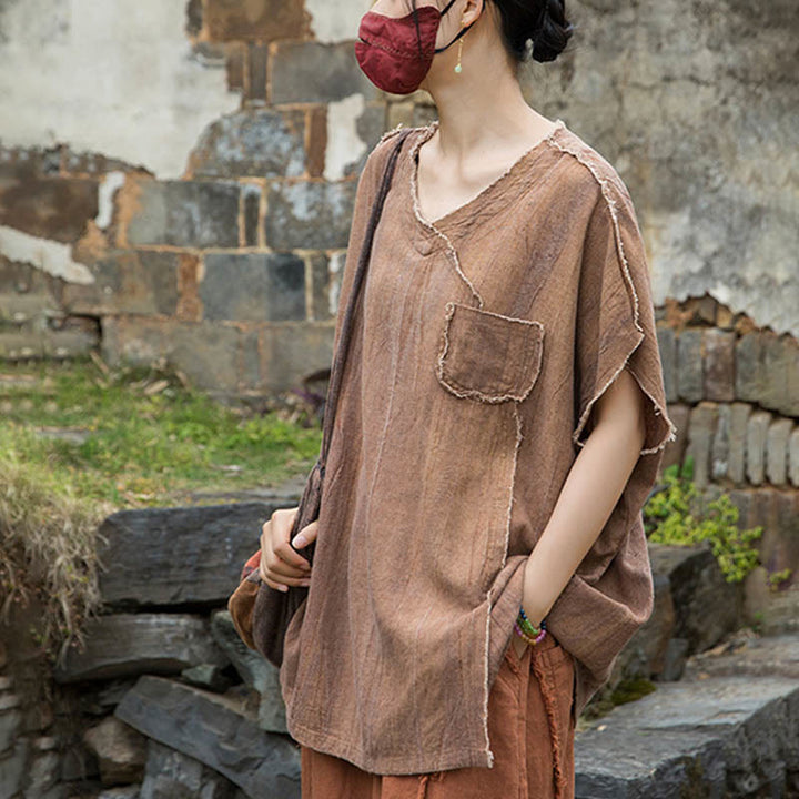 Magliette da donna in lino tie-dye con scollo a V e maniche corte, modello Buddha Stones - image 18