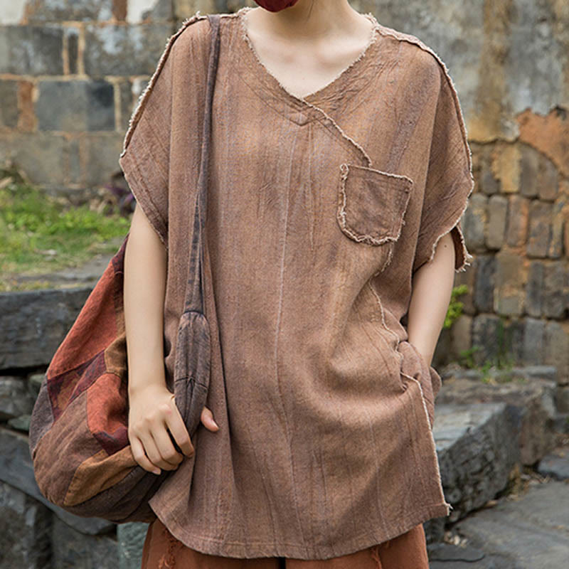 Magliette da donna in lino tie-dye con scollo a V e maniche corte, modello Buddha Stones - image 21