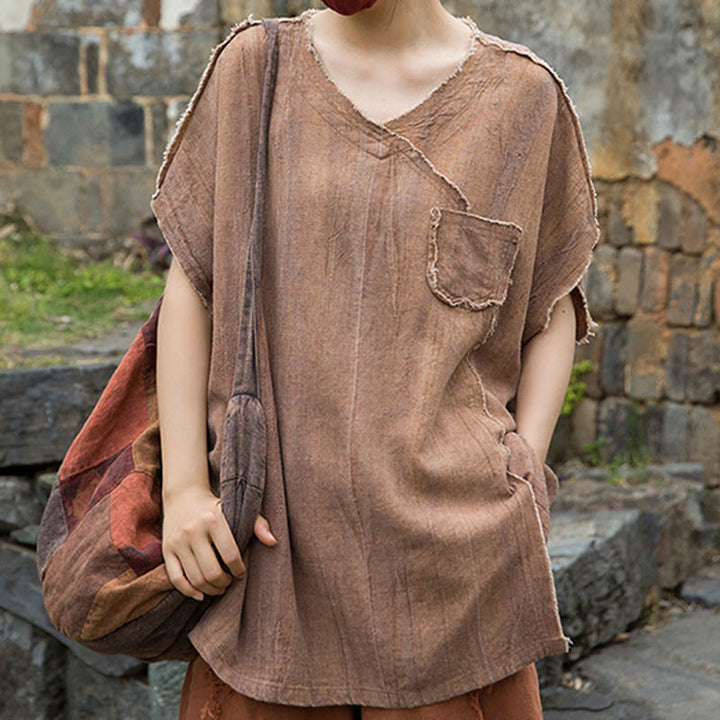 Magliette da donna in lino tie-dye con scollo a V e maniche corte, modello Buddha Stones - image 21