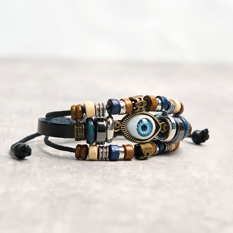 Braccialetto di protezione regolabile in pelle con Buddha Stones occhio maligno tibetano