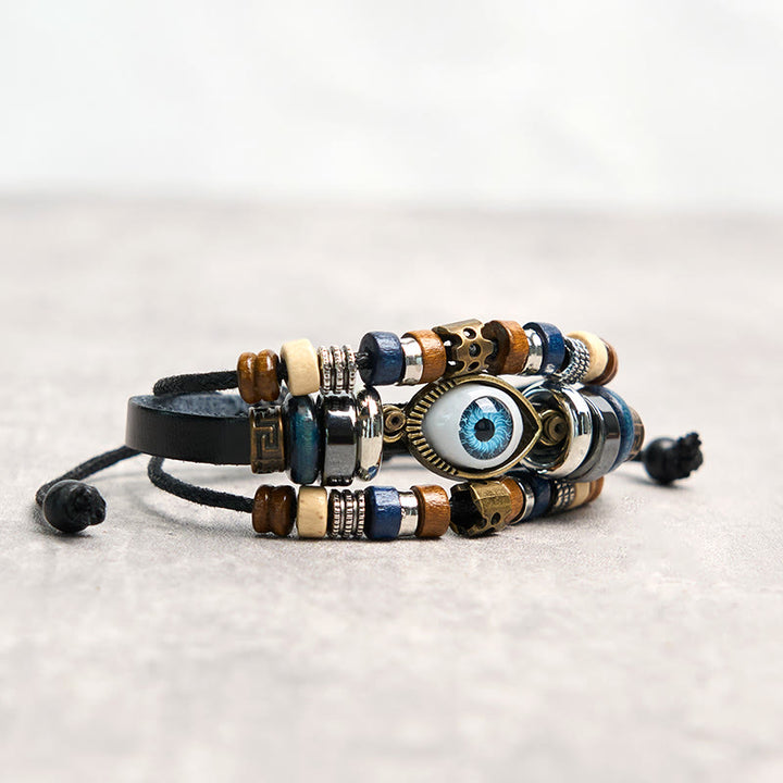 Braccialetto di protezione regolabile in pelle con Buddha Stones occhio maligno tibetano