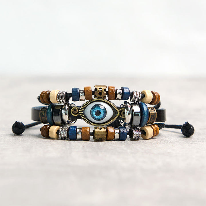 Braccialetto di protezione regolabile in pelle con Buddha Stones occhio maligno tibetano