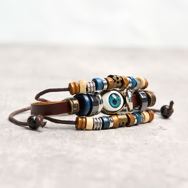 Braccialetto di protezione regolabile in pelle con Buddha Stones occhio maligno tibetano