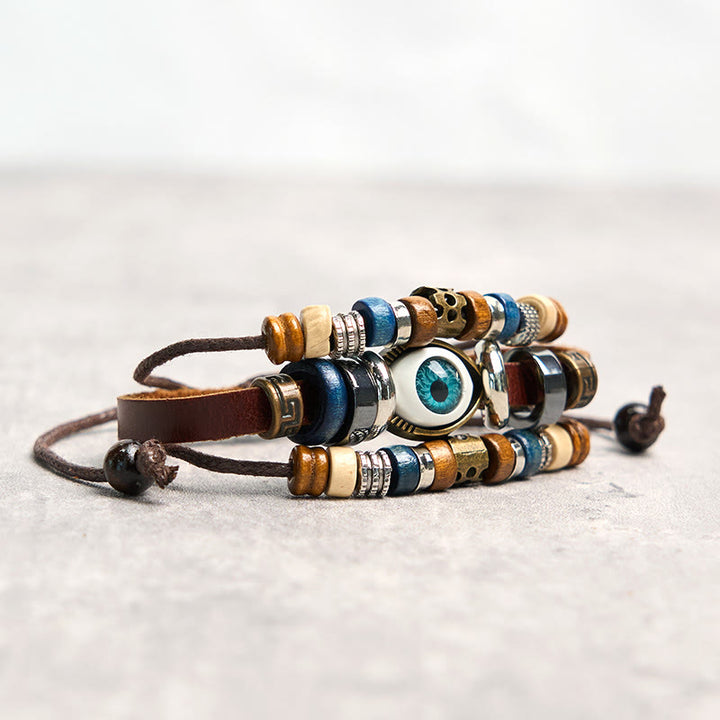 Braccialetto di protezione regolabile in pelle con Buddha Stones occhio maligno tibetano