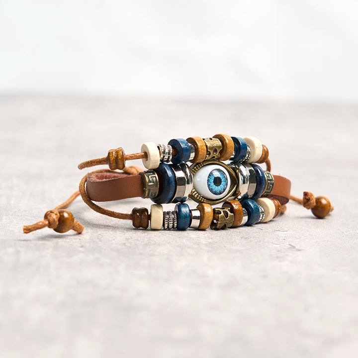 Braccialetto di protezione regolabile in pelle con Buddha Stones occhio maligno tibetano