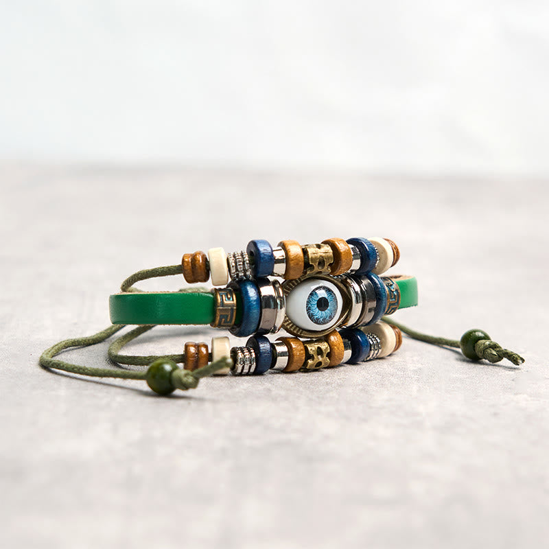 Braccialetto di protezione regolabile in pelle con Buddha Stones occhio maligno tibetano
