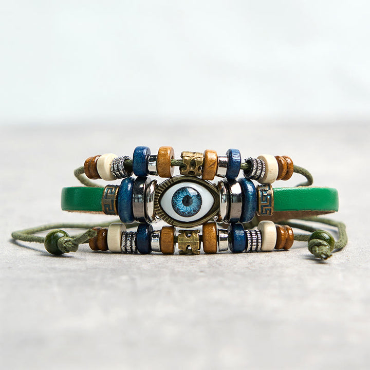 Braccialetto di protezione regolabile in pelle con Buddha Stones occhio maligno tibetano