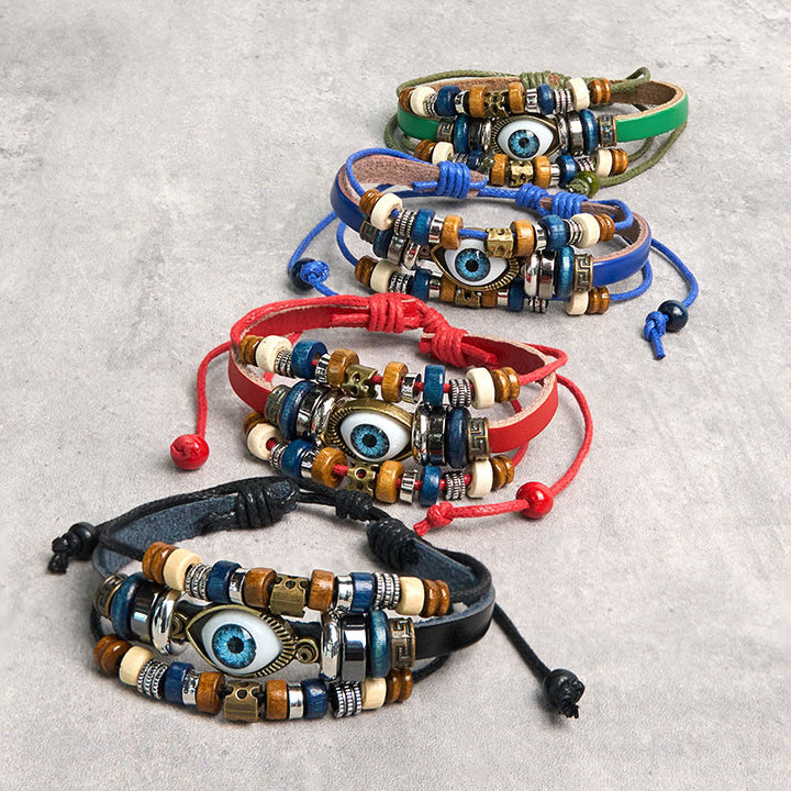 Braccialetto di protezione regolabile in pelle con Buddha Stones occhio maligno tibetano