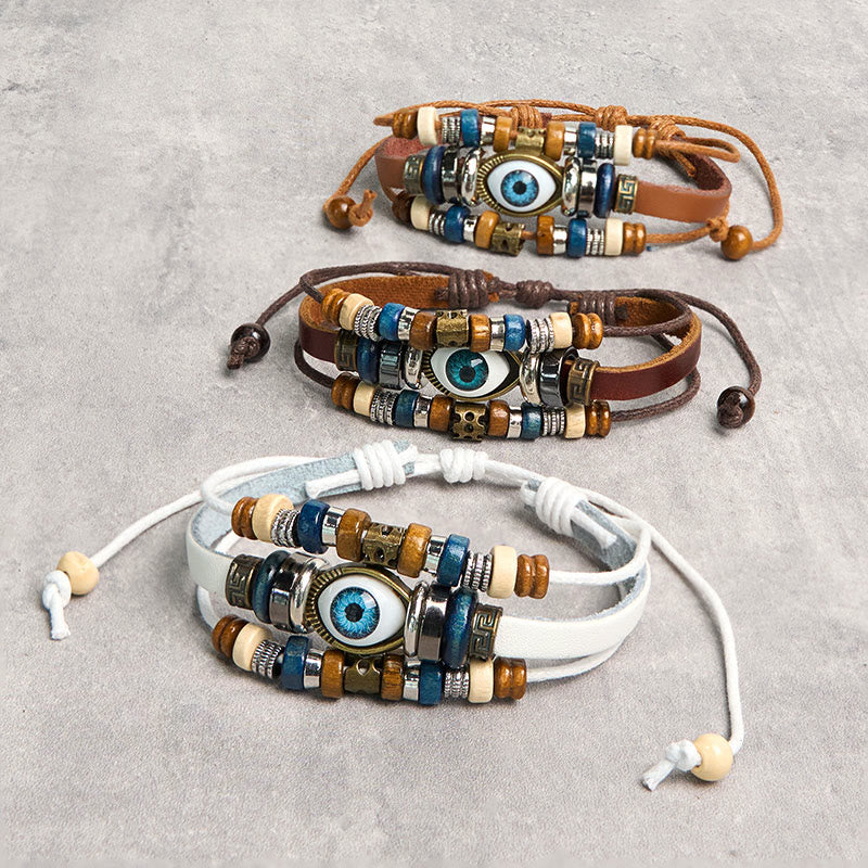 Braccialetto di protezione regolabile in pelle con Buddha Stones occhio maligno tibetano