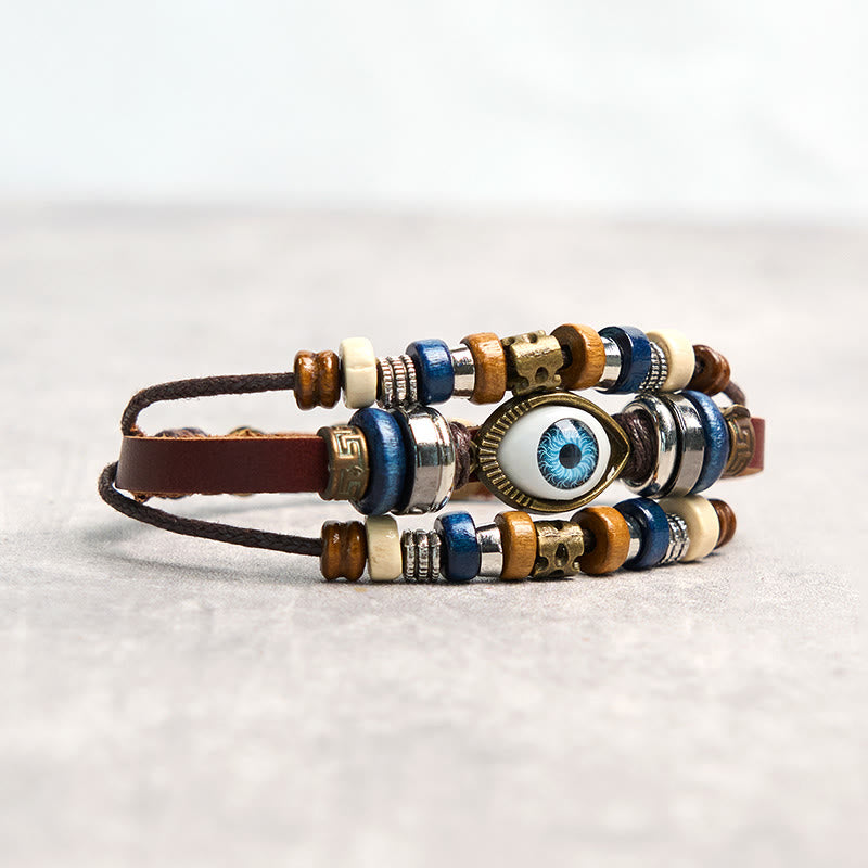 Braccialetto di protezione regolabile in pelle con Buddha Stones occhio maligno tibetano