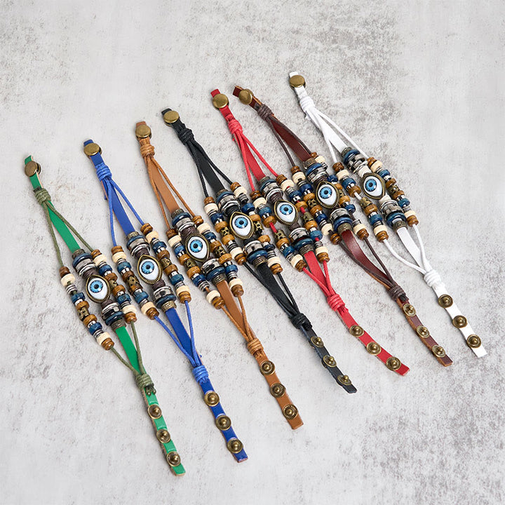 Braccialetto di protezione regolabile in pelle con Buddha Stones occhio maligno tibetano