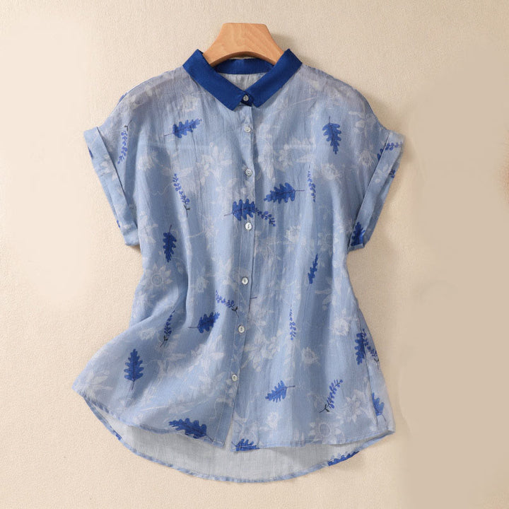 Camicia da donna a maniche corte con bottoni, piccoli fiori gialli e pietre Buddha Stones - Cielo blu - US8-10, UK/AU12-14, EU40-42 (2XL) - image 9