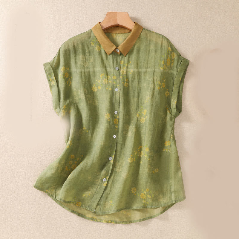 Camicia da donna a maniche corte con bottoni, piccoli fiori gialli e pietre Buddha Stones - GialloVerde - US8-10, UK/AU12-14, EU40-42 (2XL) - image 0