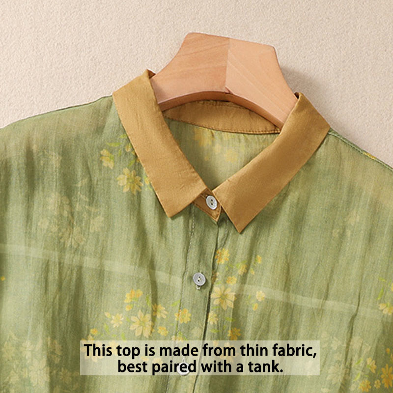 Camicia da donna a maniche corte con bottoni, piccoli fiori gialli e pietre Buddha Stones - image 3