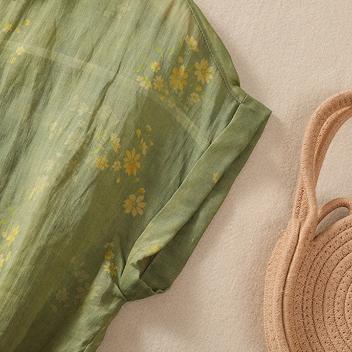 Camicia da donna a maniche corte con bottoni, piccoli fiori gialli e pietre Buddha Stones - image 5