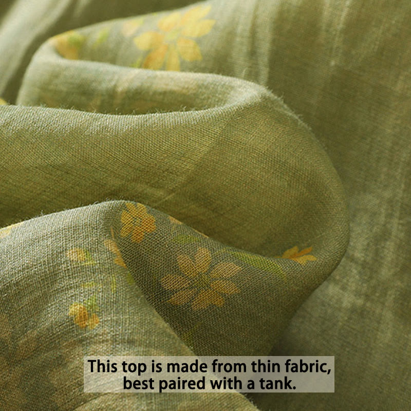 Camicia da donna a maniche corte con bottoni a forma di foglie e piccoli fiori gialli Buddha Stones. - image 8