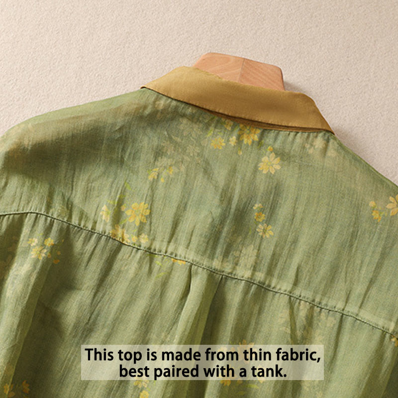 Camicia da donna a maniche corte con bottoni a forma di foglie e piccoli fiori gialli Buddha Stones. - image 4