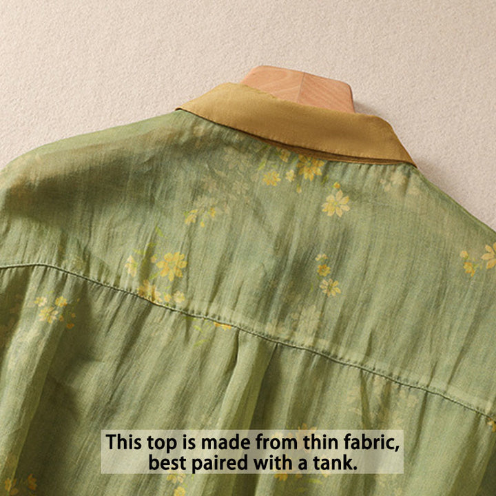 Camicia da donna a maniche corte con bottoni, piccoli fiori gialli e pietre Buddha Stones - image 5