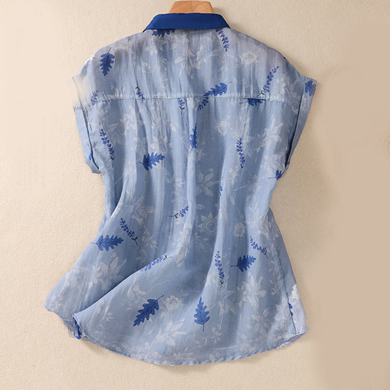 Camicia da donna a maniche corte con bottoni a forma di foglie e piccoli fiori gialli Buddha Stones. - image 10